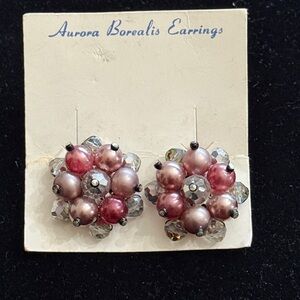 Vintage Aurora Borealis beaded Clip on Earrings on original card